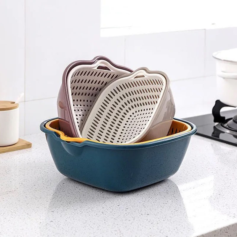 Houseeker Double-Layer Drain Basket Plastic Kitchen Household Fruit Vegetable Washing Drainer Box Washing Basin Storage Container