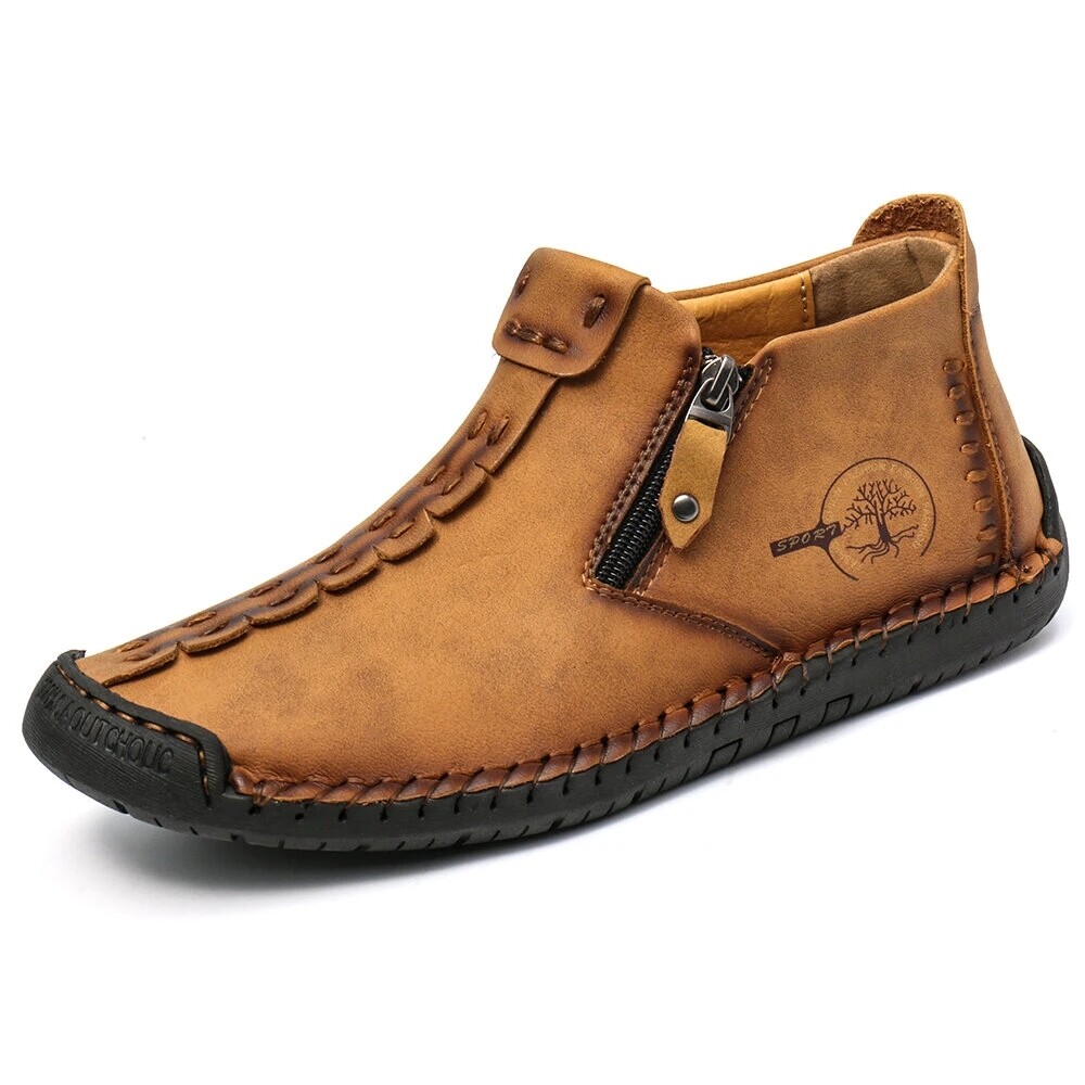 QBELY Brand Hand-stitching Leather Shoes Men Sneakers Casual Slip On Loafers Men Zip Soft Leather Men Shoe Hot Sale