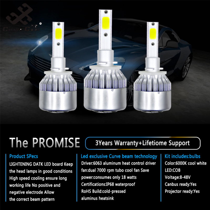 Circle Cool 1PC Universal High Power Auto Bulbs C6 Car LED Headlights - 6000K - White Light