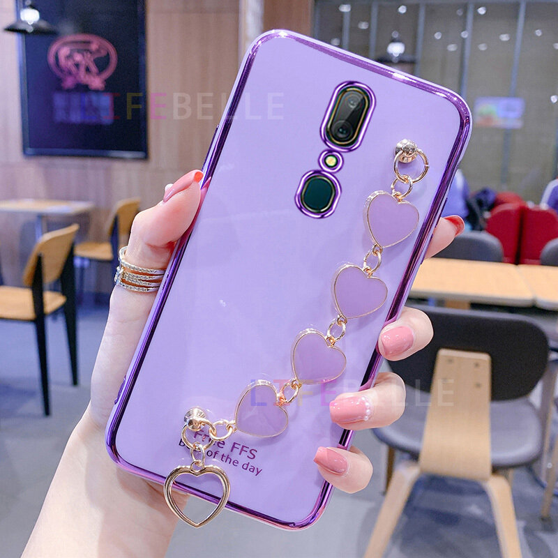 LIFEBELLE Casing for OPPO F11 / F11 Pro Case + Love Heart Wristband, [Camera Lens Protection] Fashion Shiny Plating Slim Phone Cases Soft TPU Silicone Shockproof Protective Cellphone Casing Cover