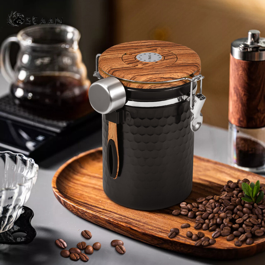 Airtight Coffee Canister With Vacuum Lid (Coffee Tea Container, Stainless Steel Storage Tin, Storage Jar Matte Black (1800ml))