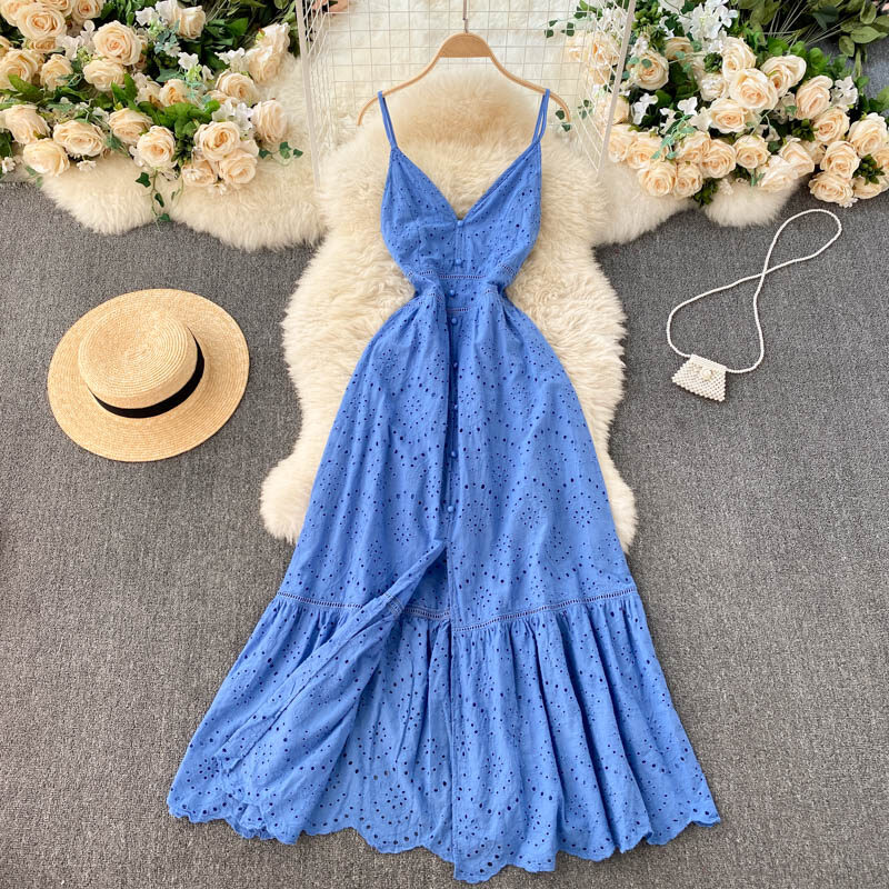 Bohemian Summer Beach Hollow Out Long Dress Sexy Women V-Neck High Waist Single Breasted A-Line Big Swing Vestidos 2021 New Robe
