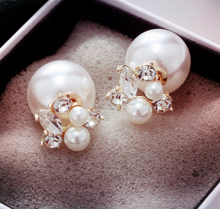 Fashion Trendy Double Sides Pearl Earring Two Ball Stud Earrings For Women Girls Crystal Wedding Party Jewelry Gift