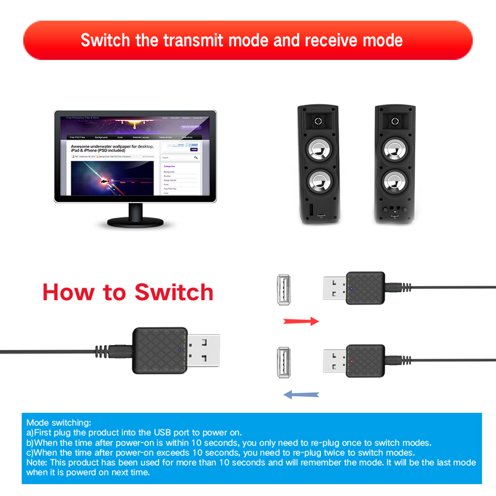 Bộ Thu Phát Bluetooth JTKE Bộ Phụ Kiện Xe Hơi 2 Trong 1 USB Bluetooth 5.0, Bộ Chuyển Đổi Thu Âm Thanh Mini Loa Âm Nhạc Không Dây Cho Xe Hơi Gia Đình