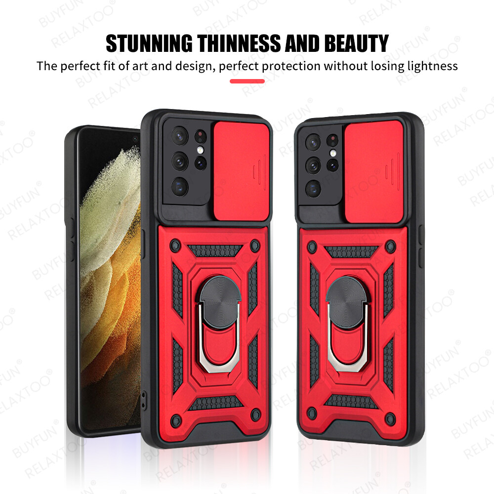 For Samsung Galaxy S21 Ultra Ring Stand Push Pull Camera Protect Case For Samsung Galaxy S20 S21Plus Ultra S20 FE S21 FE Car Magnetic Stand Ring Armor Shockproof Coque For Samsung Galaxy Note 20 Ultra