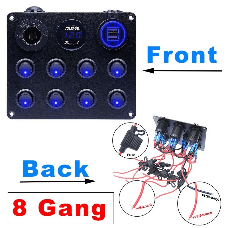 4/5/8 Gang 12V Blue Boat Switch Panel Waterproof Digital Voltmeter Dual