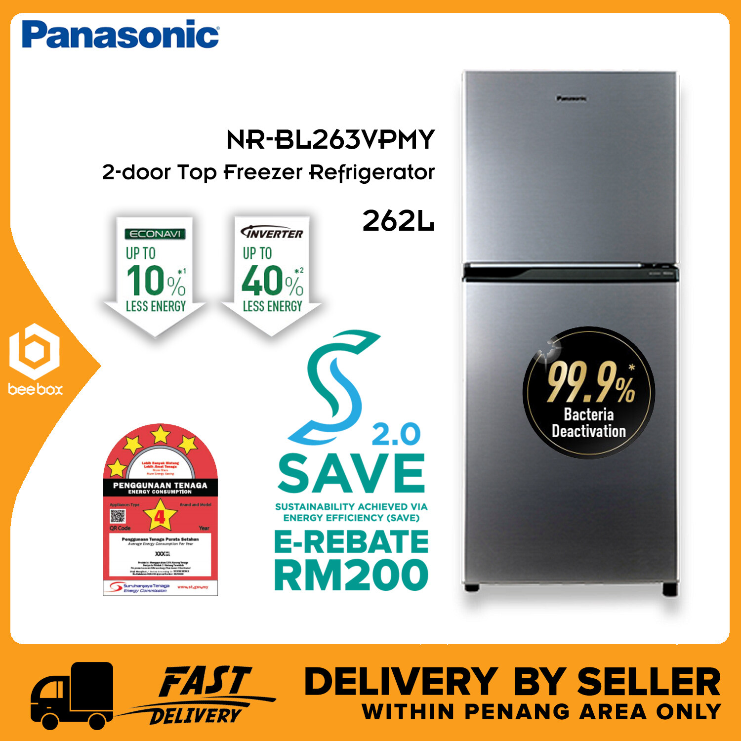 Panasonic NR-BL263VPMY 262L 2 door Top Freezer Evonavi Inverter Refrigerator / Fridge