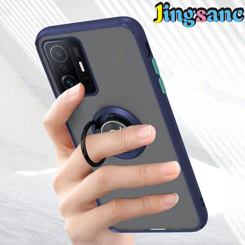 Jingsanc For Xiaomi Mi 11T 5G/Mi 11T Pro 5G Phone Case Luxury With Magnetic Ring Buckle Bracket Back Casing PC Matte + Silicone Shockproof Translucent Back Cover