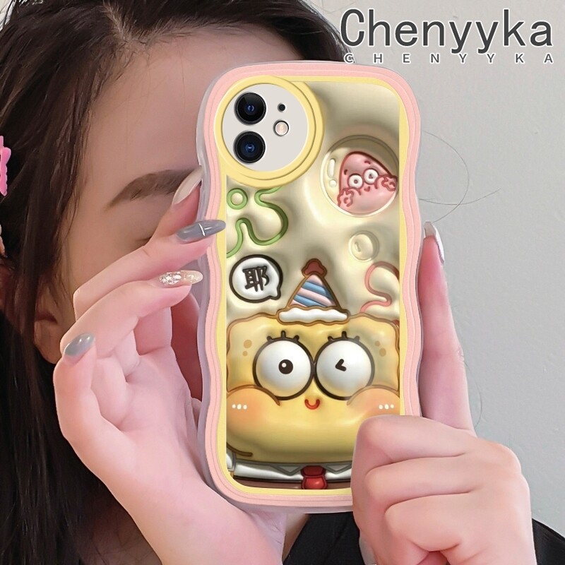 Chenyyka Casing For iPhone 11 11 Pro 11 Pro Max Case Cartoon 3D SpongeBob Patrick Star Pattern Wave Border Soft Clear Shockproof Phone Cases Creative Camera Transparent Casing Silica Gel Protective Cover