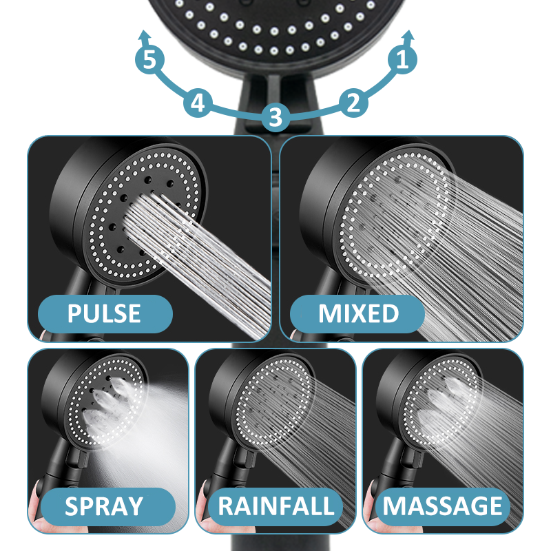 5 Mode Shower Head bathroom High Pressure Holder Wall Mounted Bracket Removable Handheld One-click Stop Water Free Hose Holder