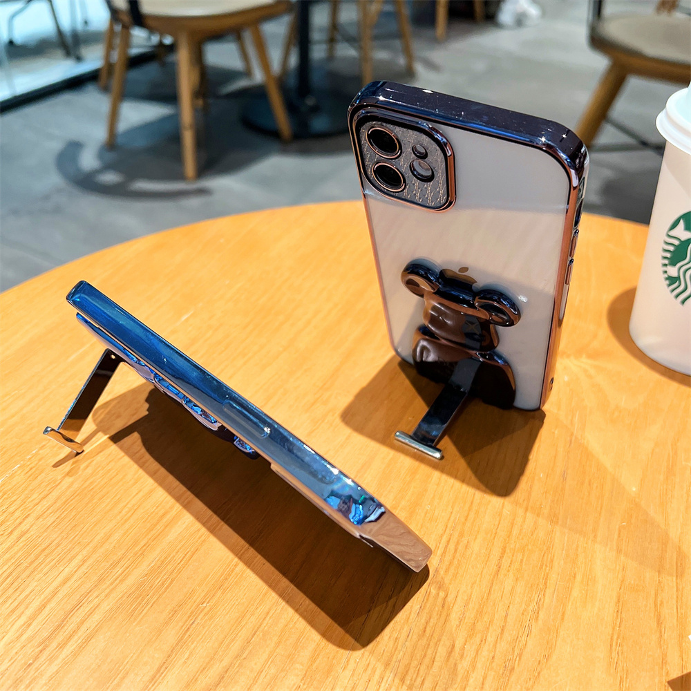 Cute Cartoon Bear Electroplating Bracket Phone Case for IPhone 11 12 13 Pro Max 7 8 Plus SE 2 Case Xr Xs Max Luxury Transparent Electroplated Frame Phone Case