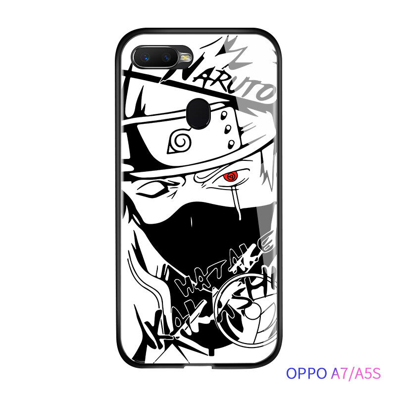 Hontinga Casing Case For OPPO A5s A7 A12 2020 A3S Case Anime For Girls Women Sketch Black White Naruto Series Sasuke Kakashi Casing Soft Edge Tempered Glass Phone Case Back Cover Casing Hard Case For Boys