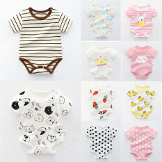 Bộ áo liền quần tay ngắn làm bằng vải cotton 100% in hình hoạt hình dành cho trẻ sơ sinh từ 0-3 tuổi – INTL