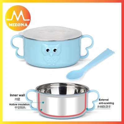 MIZONA Stainless Steel Baby Bowl Children Anti scalding Insulation Bowl Shatter Resistant With Lid Tableware