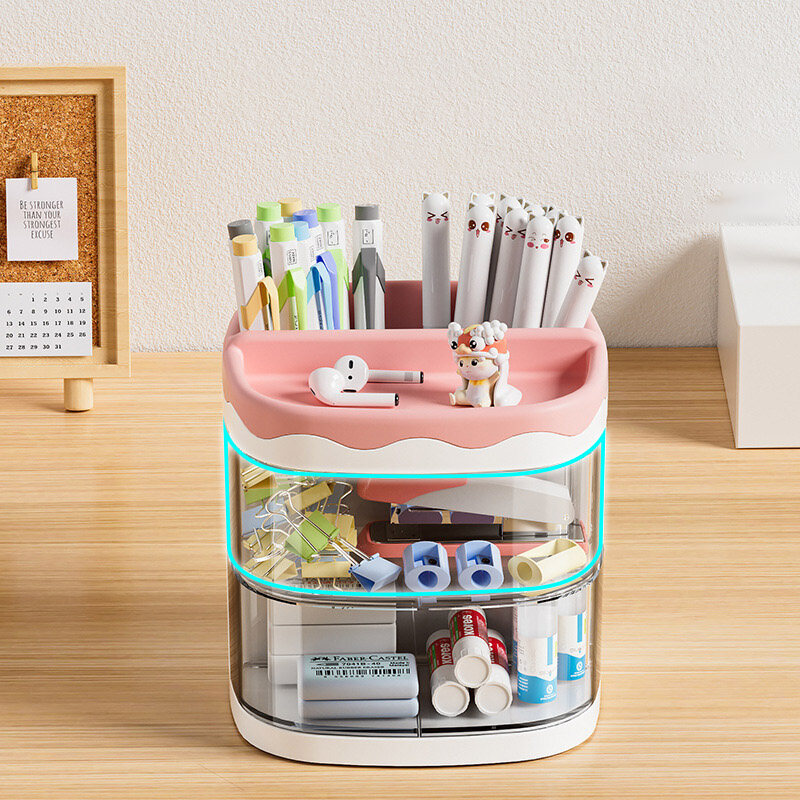Creative Cartoon Multi grid Drawer Penholder Student Cornetto Function Box with Grid Storage Box Girl Heart Desktop Stationery Box