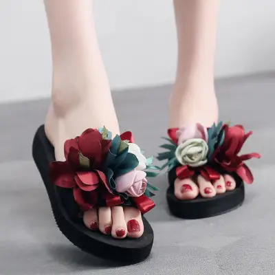 GO MALL Women's Bohemian Flower Wedges Slippers Summer Sandals Non-slip Beach Shoes