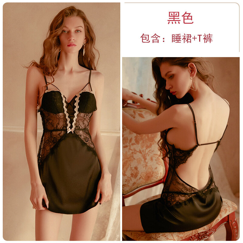 Camisón de encaje sexy para mujer, transparente, tentador, sin espalda, con tirantes, camisón sexy con tanga, corto para mujer_voghion.com