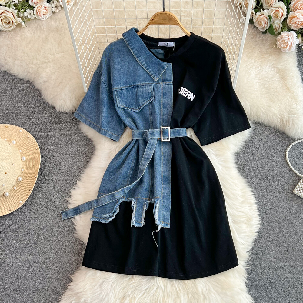Spring New Style Chic Fashion Retro Hong Kong Style Temperament Slim Fit with Belt Round Neck Color Contrast Denim Shirt Chic Casual Medium Length Top
