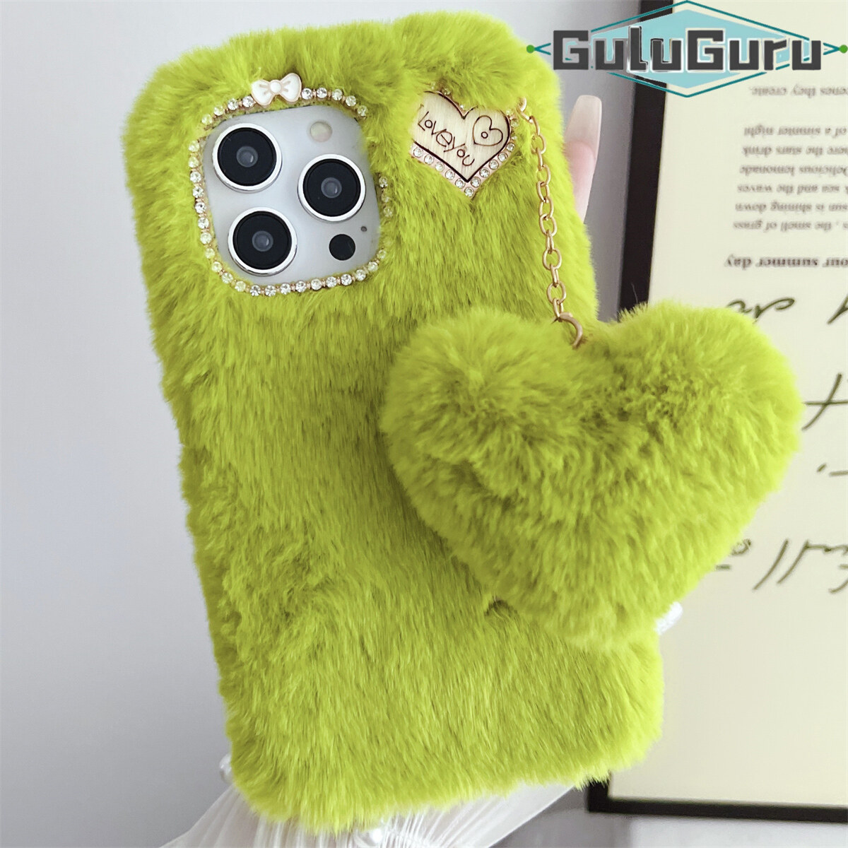 for Samsung A72 A52 A52s A42 A32 A22 A12 A02 A71 A51 A31 A21 A21s A11 Pretty Furry Case with Fur Heart Ball, Soft Warm Furry Cute Back Case, Luxury Rhinestone + Girly Faux Fur Fluffy Shockproof Protective Cover Women Girls