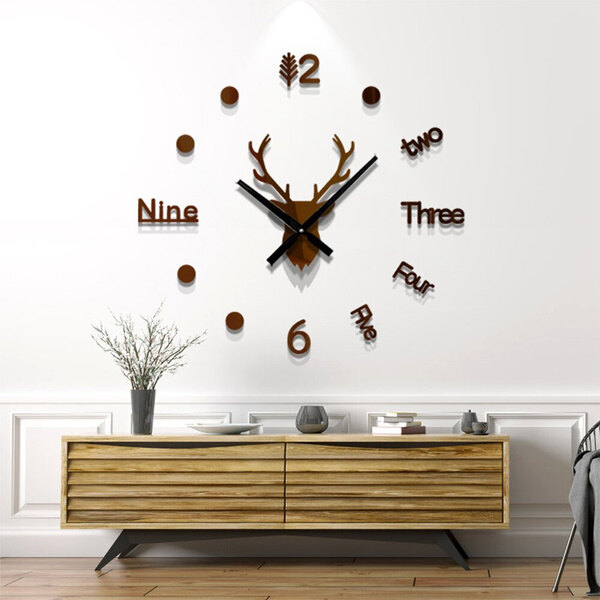 【lightingeverthing】3D DIY Deer Head Wall Clock Sticker Mirror Surface Beautiful Easy to Paste Creative Home Office Decor Mirror Living Room Art Design Wall Clock
