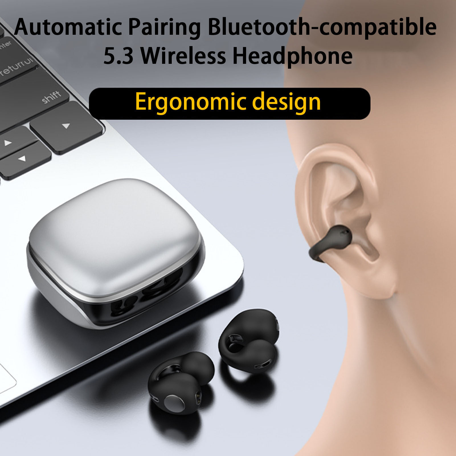 JX80 Wireless Earbud HiFi Stereo Surround Bone Conduction LED Digital Display Bluetooth-compatible 5.3 with Voice Assistant Ear-clip Earphone Daily Use