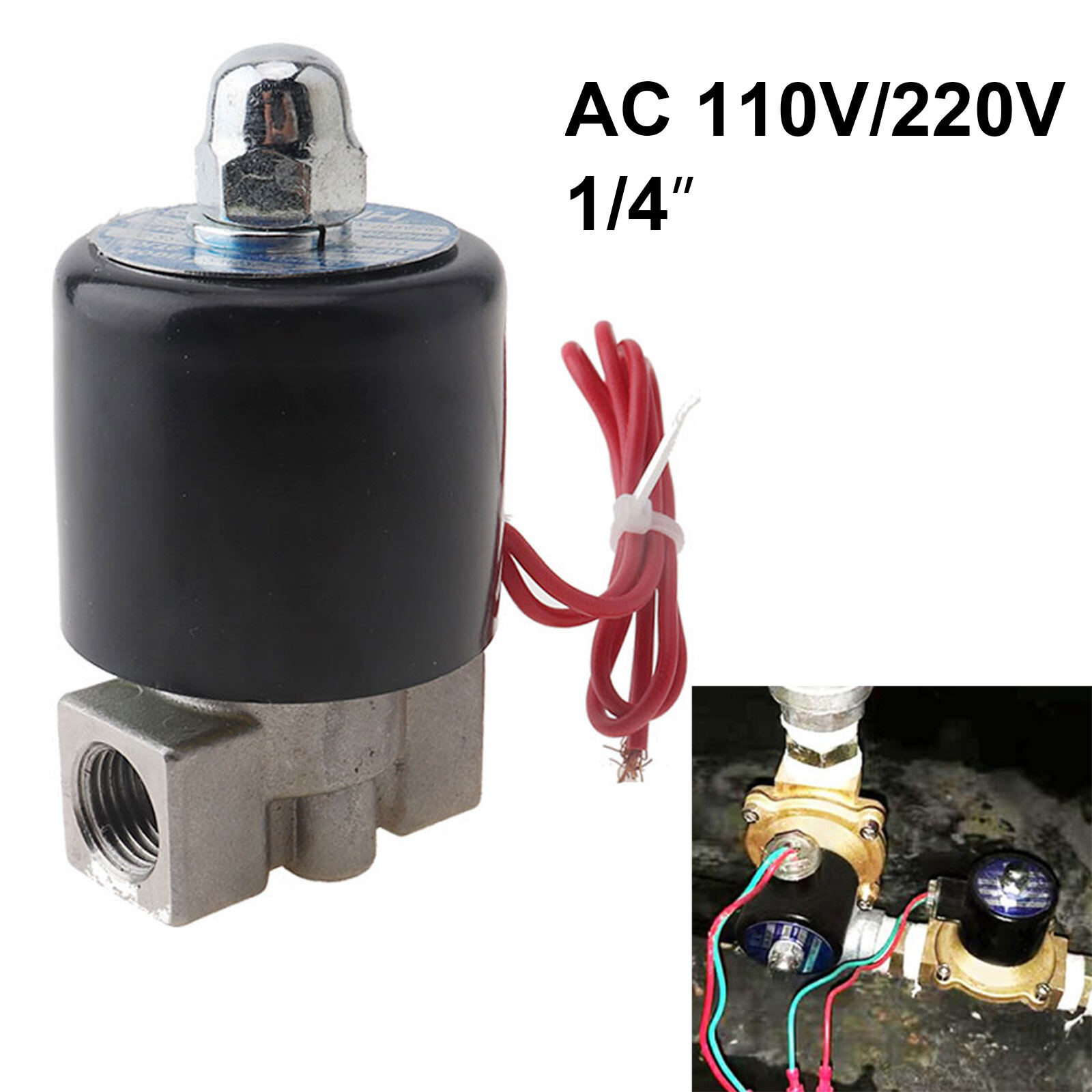 1/4inch 110V/220V Normally Closed Type DN8 Electric Solenoid Valve Stainless Steel Water Valve Automobile Drenching Valve for Water / Oil / Gas