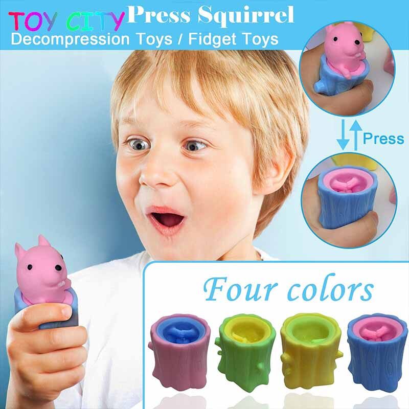 Squirrel Cup Toy Colorful Funny Antistress Toy Squeeze-Stress Office Penholder Decompression Squirrel Stump Tree Pen Holder Strange Anxiety Relief Stress Squeeze Sensory Pen Holder
