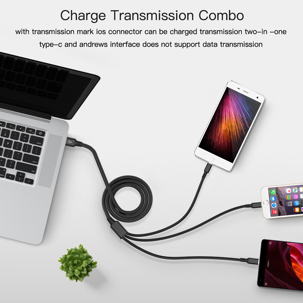 BOKEWU 3 In 1 USB Cable 8 Pin Micro USB Type C Fast Charging Cable for Android iPhone