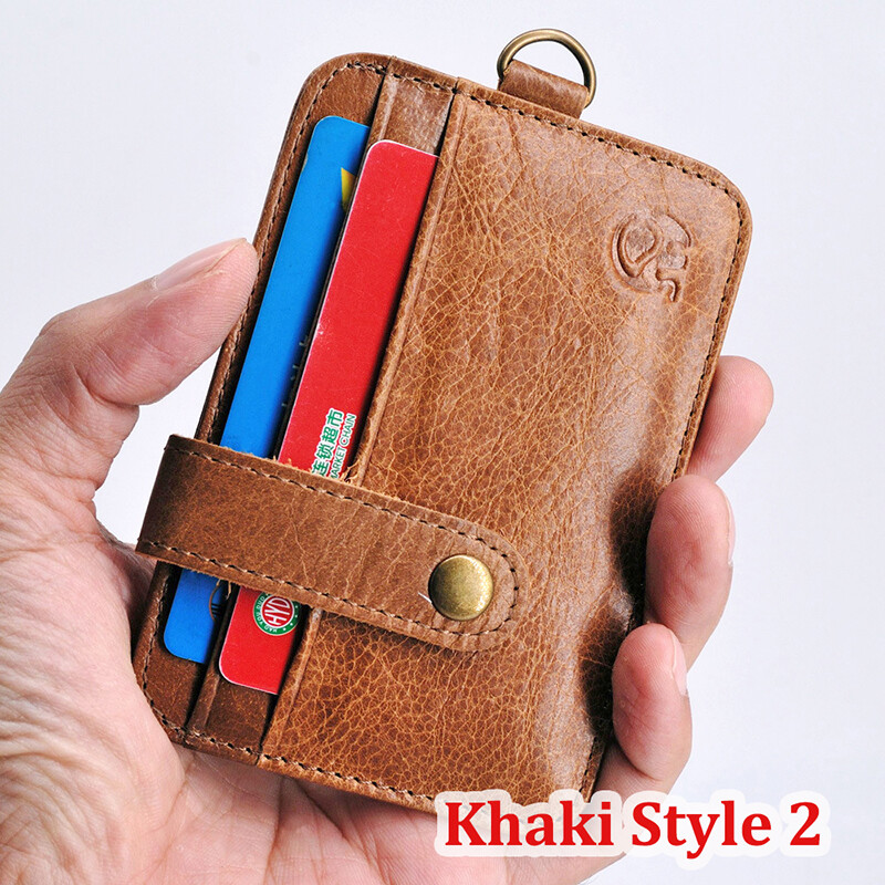 Retro Genuine Leather Work ID Badge Holder Access Card Bus Cards Cases with Cowhide Lanyard