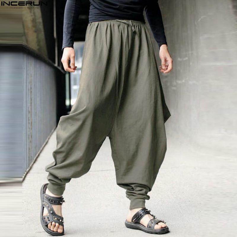 Plus Size Cotton Linen Harem Pants Men Baggy Pants Japanese Style Mens Crotch Wide Leg Pants Casual Loose Trousers