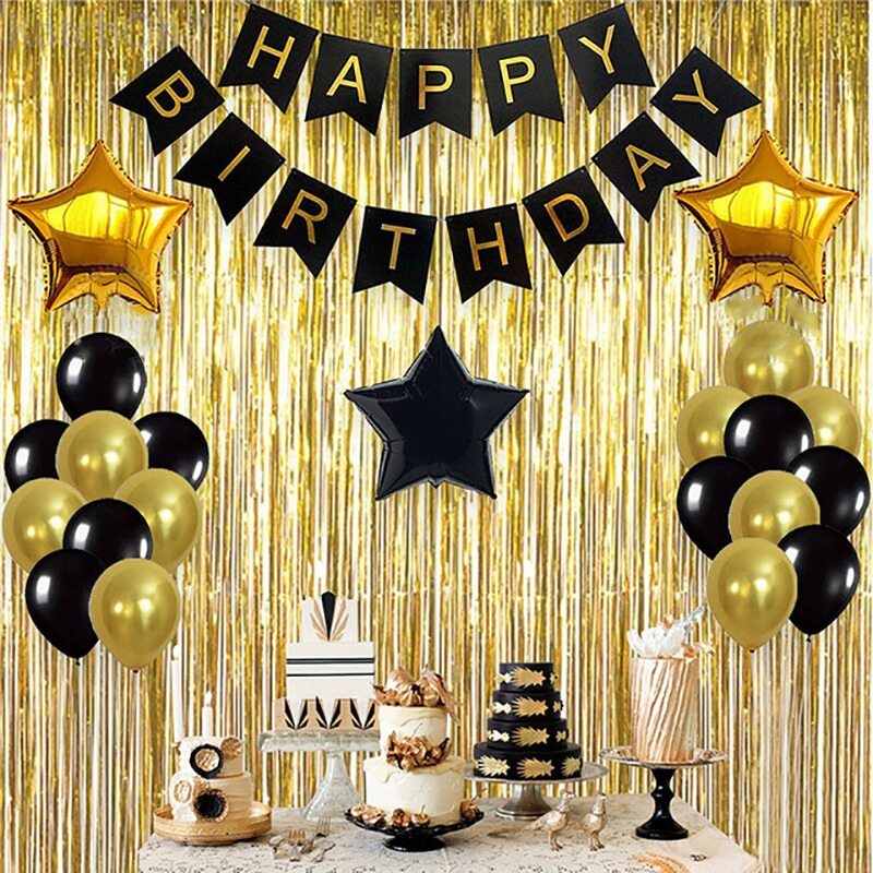 Happy Birthday Bunting Banner with Gold Print Party Balloons Birthday Balloons Happy Birthday Set Party Decor