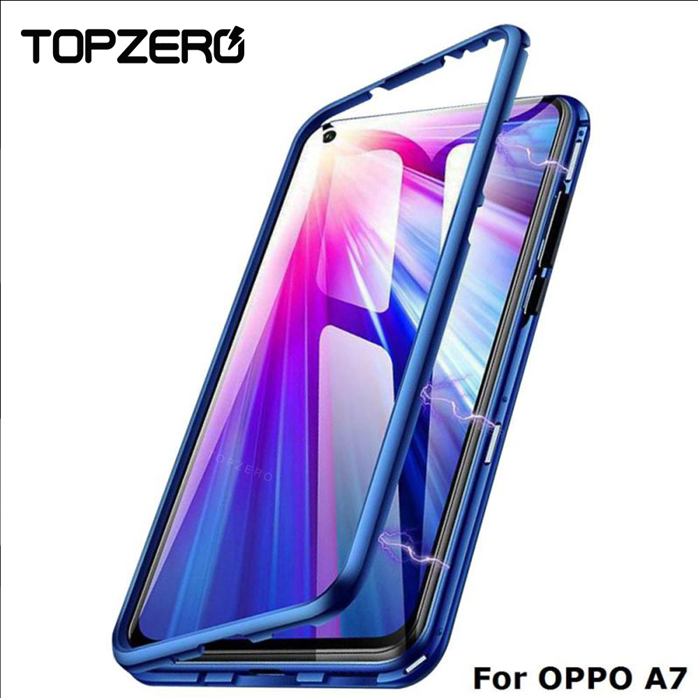 TOPZERO Luxury Magnetic Adsorption Metal Bumper Case For OPPO A7 Anti-Scratch Tempered Glass Magnet Back Cover Cases