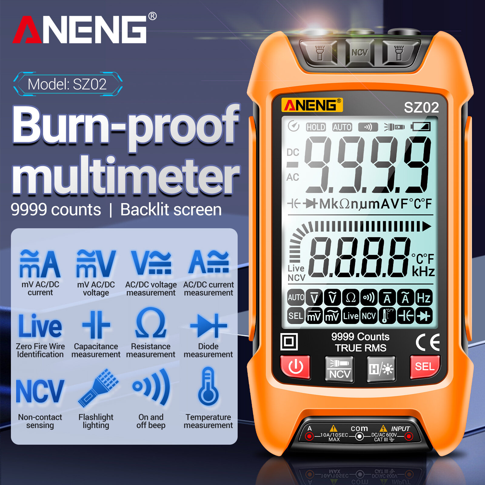 KKmoon Đồng Hồ Vạn Năng Kỹ Thuật Số Thông Minh ANENG SZ02 Đồng Hồ Vạn Năng NCV Phạm Vi Tự Động 9999 Số Đếm Máy Kiểm Tra Đa Năng Cầm Tay Vôn Kế Ampe Kế Có Đèn Nền Đèn Pin Điện Áp AC/DC & Điện Trở Dòng Điện Đo Nhiệt Độ Tần Số Điện Dung