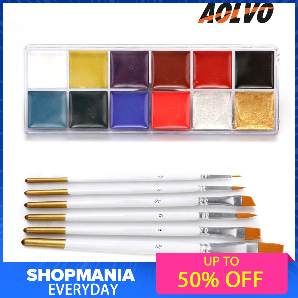 FlyUpward Professional Facepainting Kit for Kids & Adults,Cosplay Body Paints Set 12Colors Face Body Painting Palette 6PCS Makeup Brushes for Halloween Festival