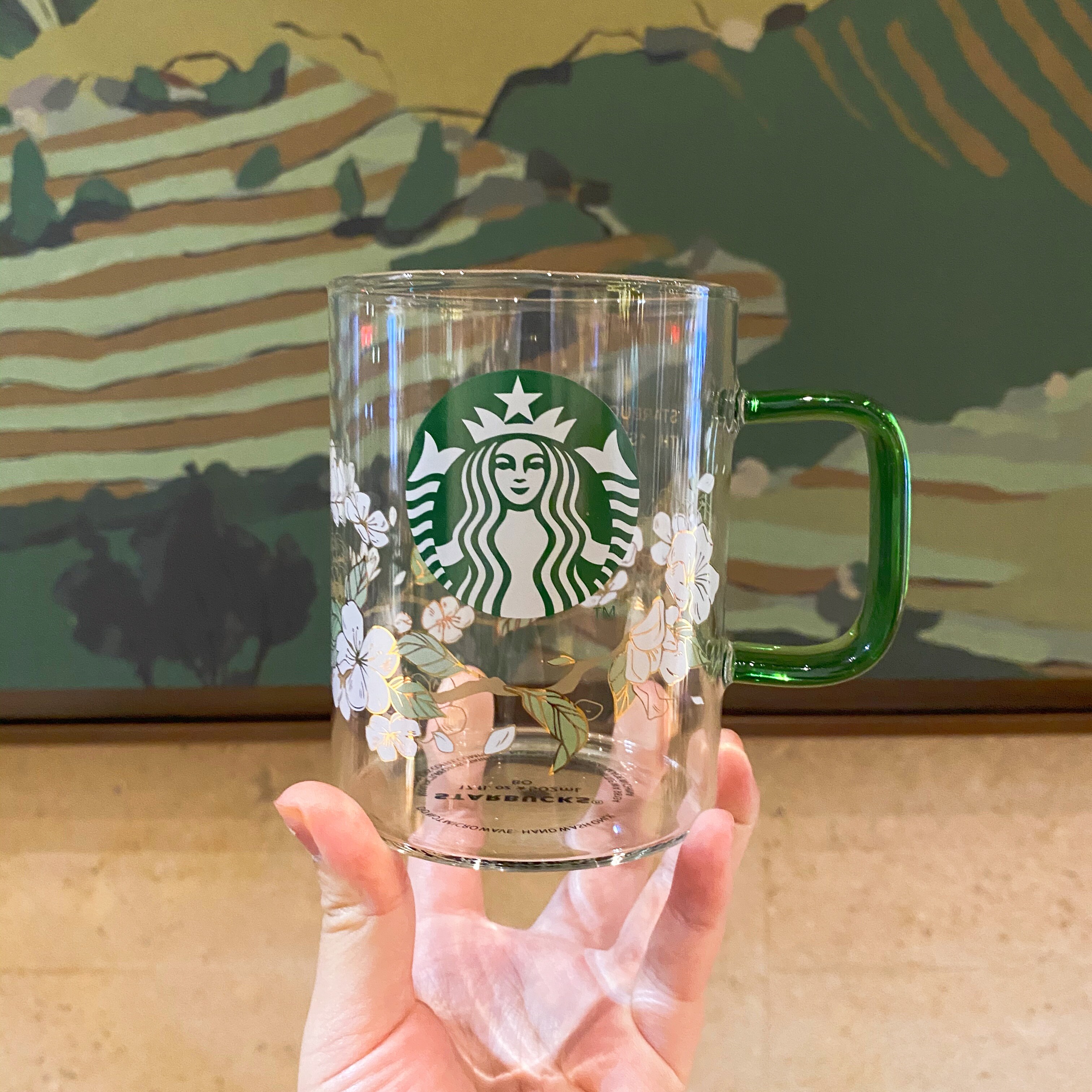 2020 Korea Starbuck Pear Flower Cup Creative Flower Printed Glass Summer Cold Drink Cup Coffee Cup with Handle