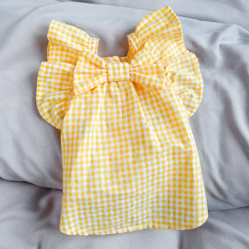 DY LOVING Cute and Lively Style Pet Clothes Yellow Plaid with Bowkont Dog Shirt Macrame Sleeve Summer Cat Shirt for Chihuahua CHOW CHOW