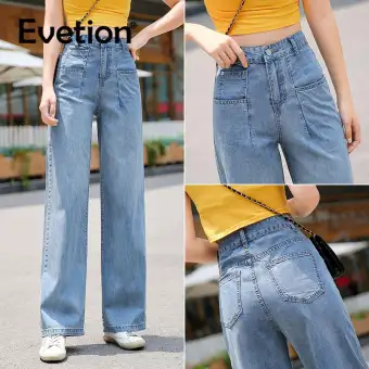 Evetion Jeans Women Korean Wide Leg Jeans High Waist Loose Thin