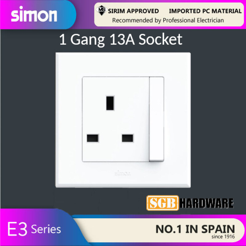 Switch Socket 1 Gang 13A Socket Outlet E3 Simon Sirim Approved (White/ Silver)