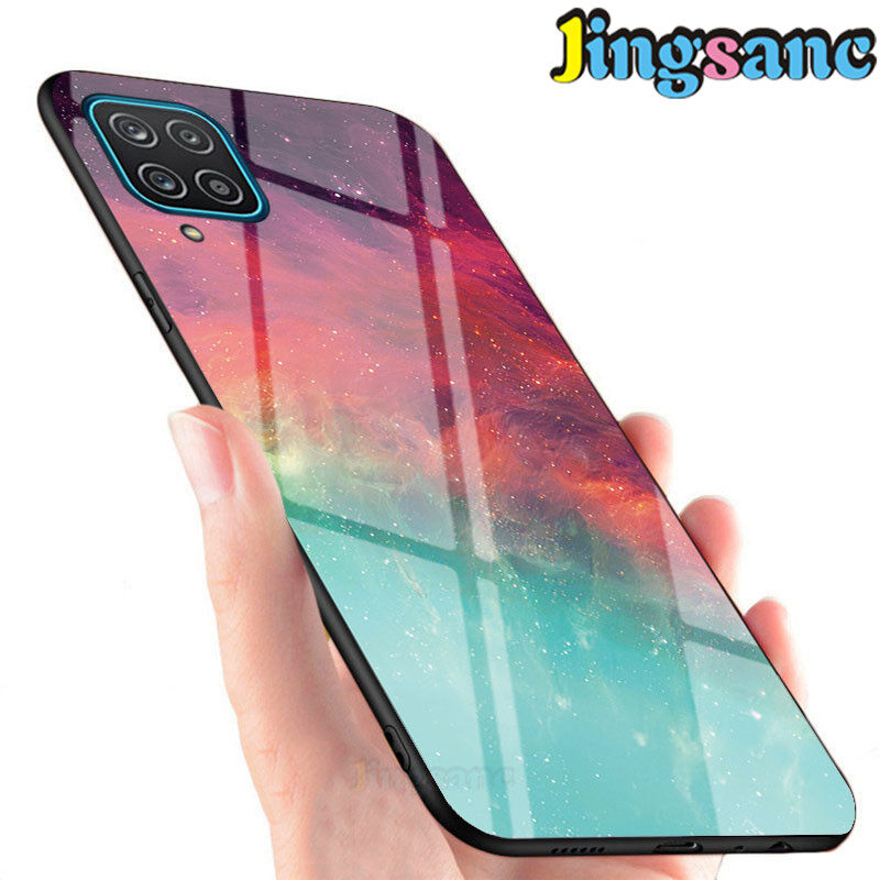 Jingsanc For Samsung Galaxy A12 Phone Case Rainbow Gradient Starry Sky Colorful Casing 9H Hardness Glass+Soft TPU Edge Scratchproof Cover