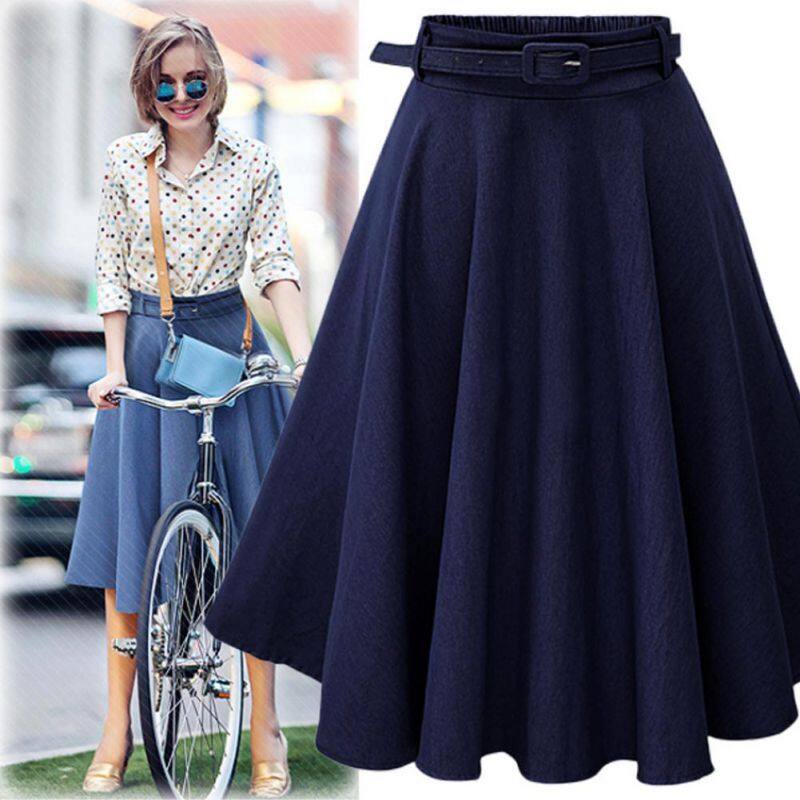 Missyouu Women High Waist Denim With Belt Loose Cowboy Skirt
