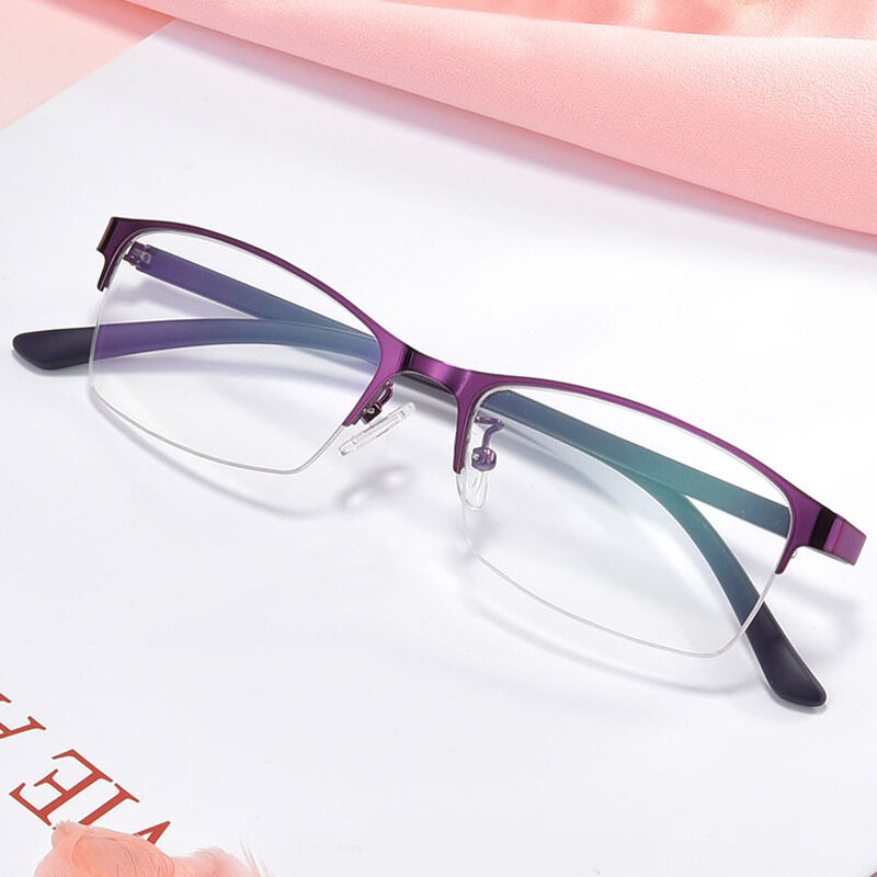 Anti Blue Light Nearsighted Glasses Half Frame Finished Myopia Glasses For Women Men With Degree -50 -100 To -400 Red/Purple Color Frame