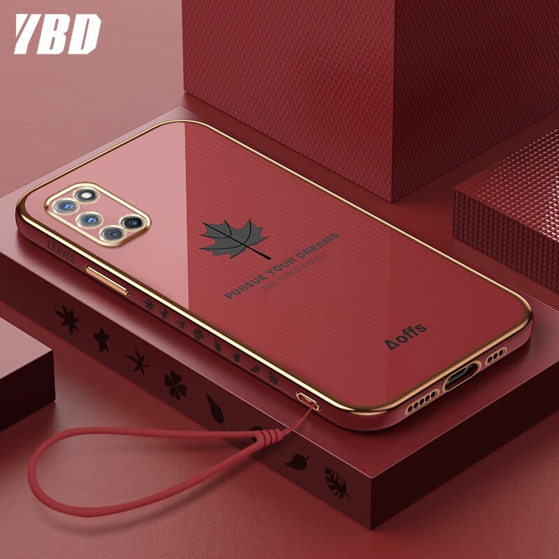 YBD Ốp Điện Thoại Mạ Cạnh Thẳng Cho OPPO A52 A92 Ốp Bảo Vệ Máy Ảnh Chính Xác Ốp Họa Tiết Lá Phong Có Dây Đeo Miễn Phí