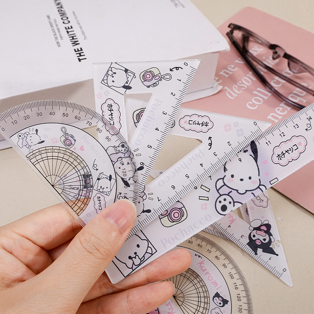 4pcs/set SANRIO Student Ruler Set 15cm Ruler Triangular Compass Measuring Kit for Students School Use