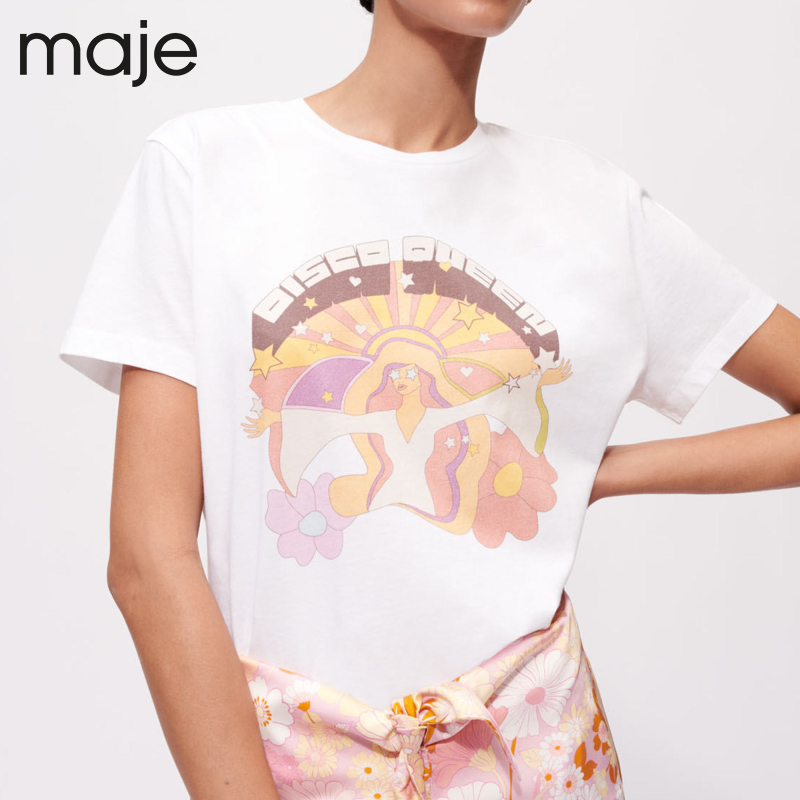 Maje Outlet women's French fashion versatile print white cotton T-shirt MFPTS00585