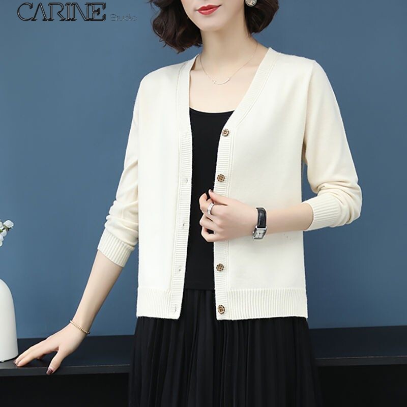 CARINE Women Cardigan Sweater Korean Casual Style Long Sleeve Loose Fit Knit Stretching Cardigan