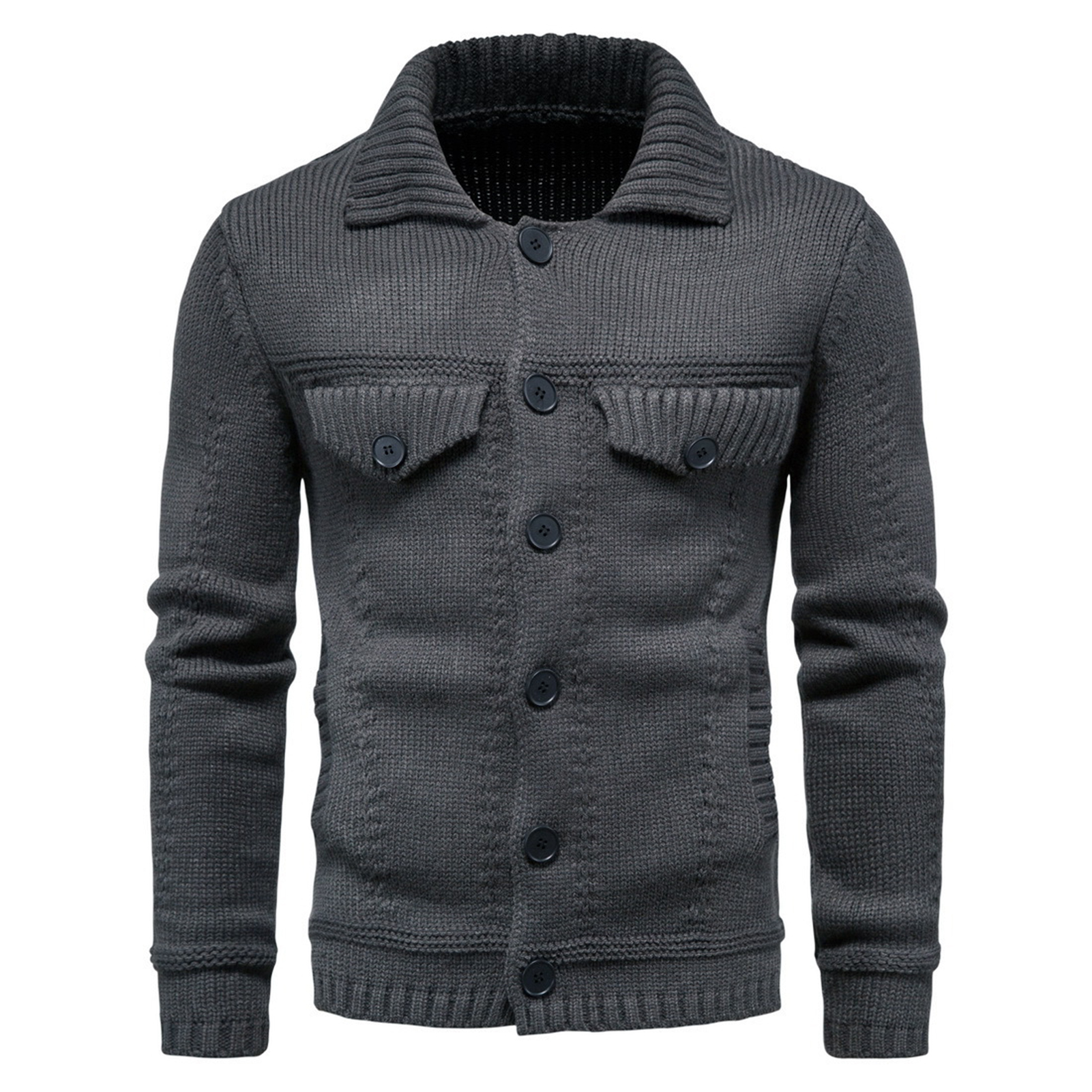 Men Sweater Coat Solid Color Single-breasted Buttons Cardigan Elastic Knitting Turn-down Collar Thick Anti-shrink Spring Coat for Daily Wear Men Jacket Buttons
