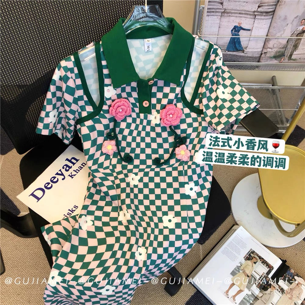 Vivi Small Fragrance Dress Women's Summer Plaid Flower Retro Polo Short Sleeve Dress