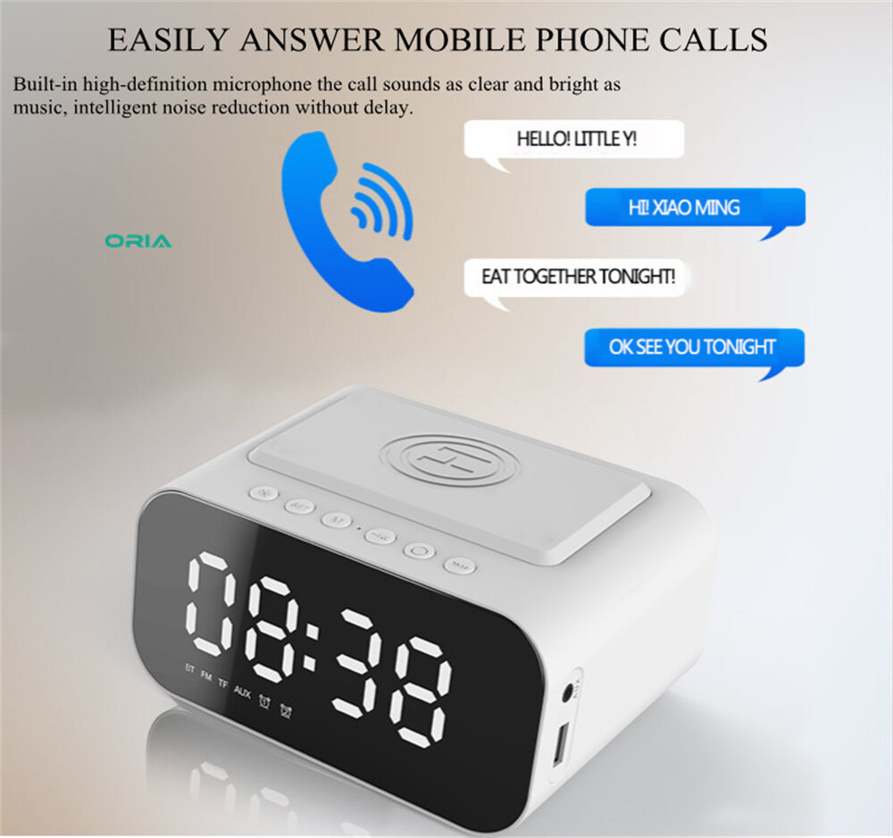 Oria đồng hồ gương kỹ thuật số fm loa Bluetooth đồng hồ âm nhạc sạc có đèn nền, 3 mức độ sáng, 2 chế độ phát lại, micrô, chức năng rảnh tay cho đồ trang trí văn phòng phòng ngủ gia đình