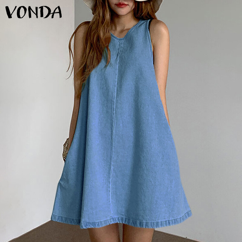 VONDA Womens Summer Shirt Dress Sleeveless A Line Tunic Dress Maxi Long Tank Tops (Korean Causal