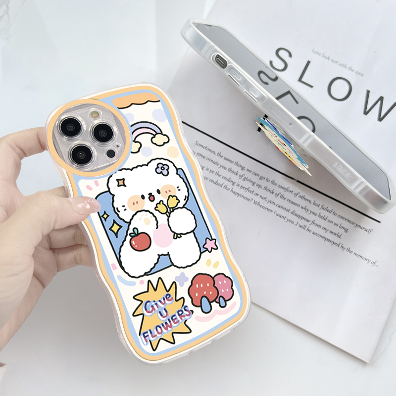 (With Free Holder) Jizetin Phone Casing For Xiaomi Redmi Note 10 Note 10S Note 10 Pro Note 10 5G Note 9 Note 8 Fashion Soft Wavy Case Cute Pig Duck Bear Rabbit Cartoon Shockproof Cellphone Casing Full Cover Camera Protection